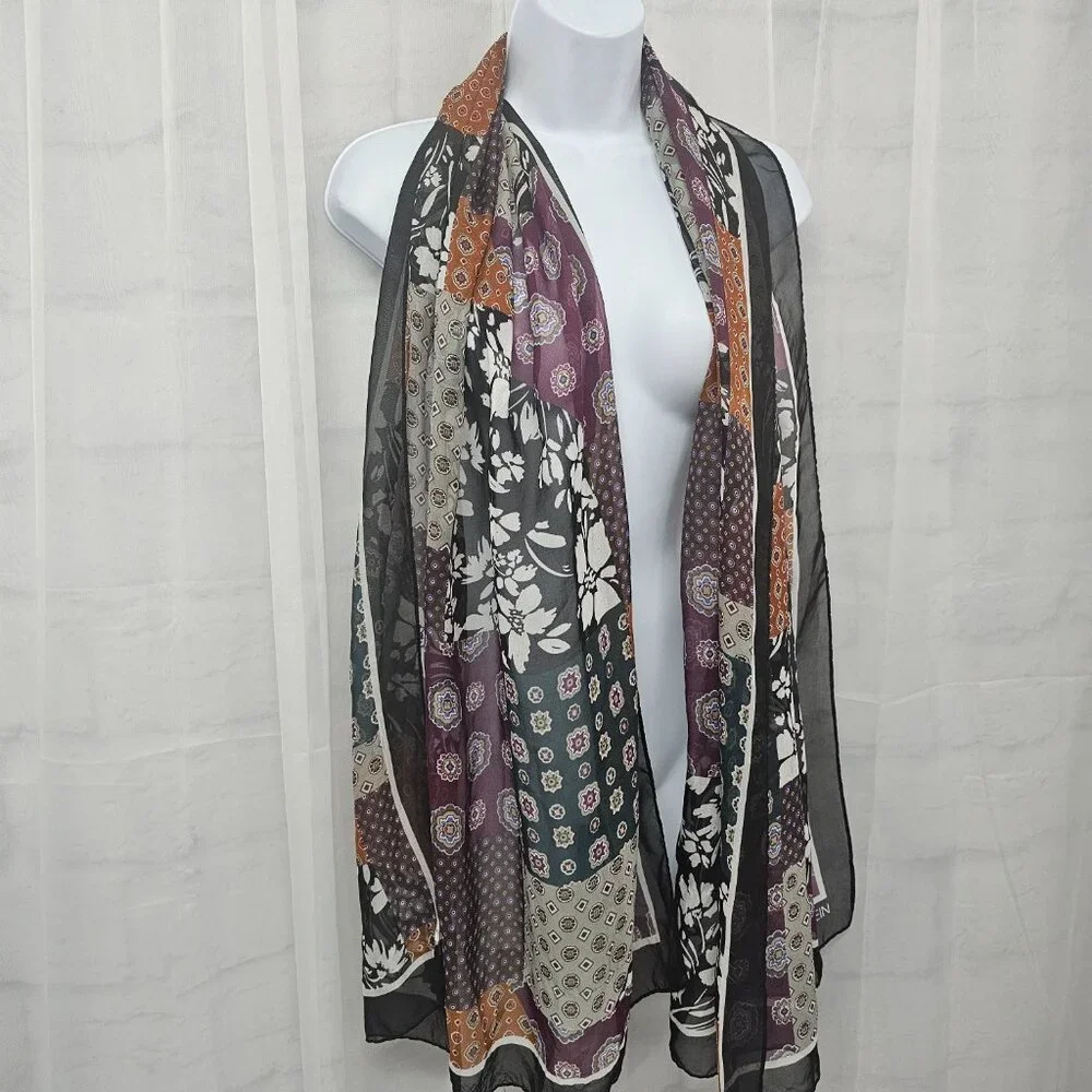 Calvin Klein Scarf Patchwork Boho Floral Black Purple Sheer Rectangular